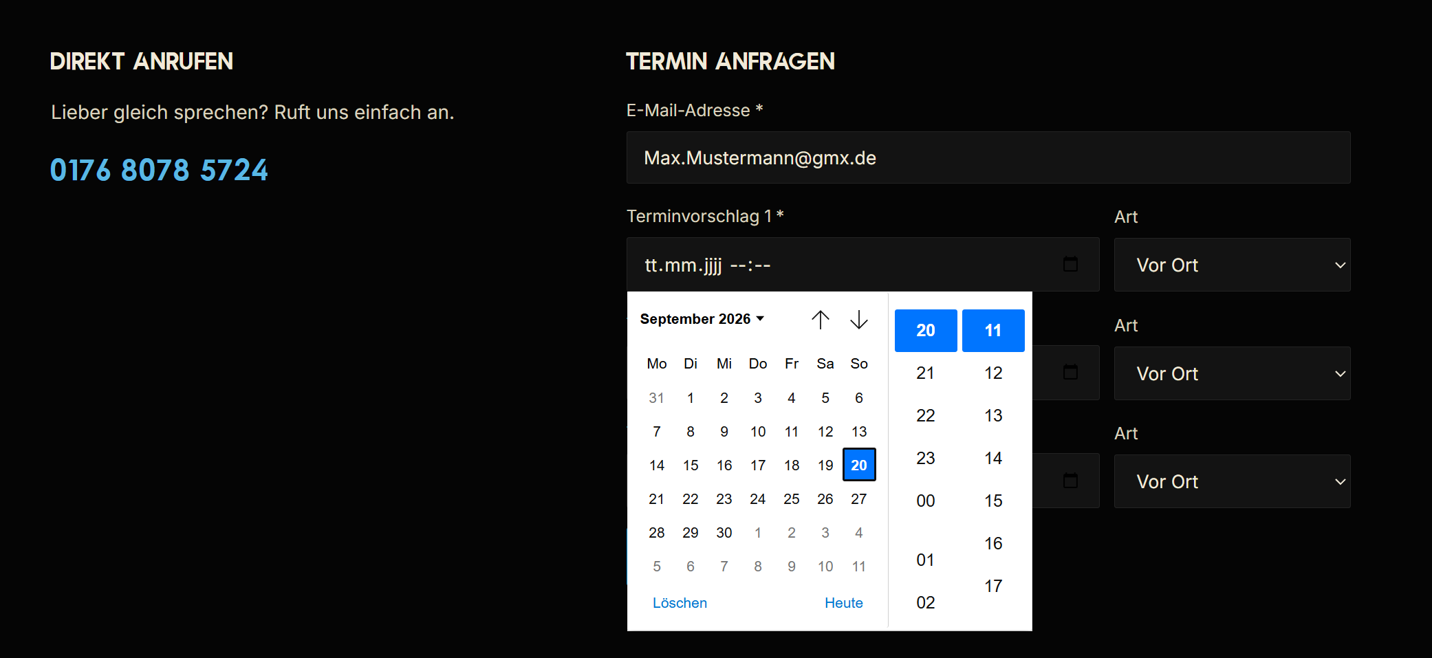 Screenshot: Terminauswahl-Formular
